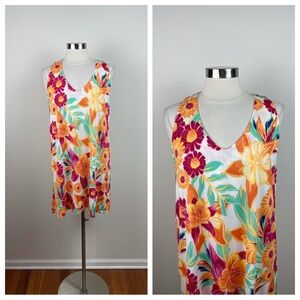 Beach Break Orange Green Red White Floral Tropical Dress Women Large Stretch